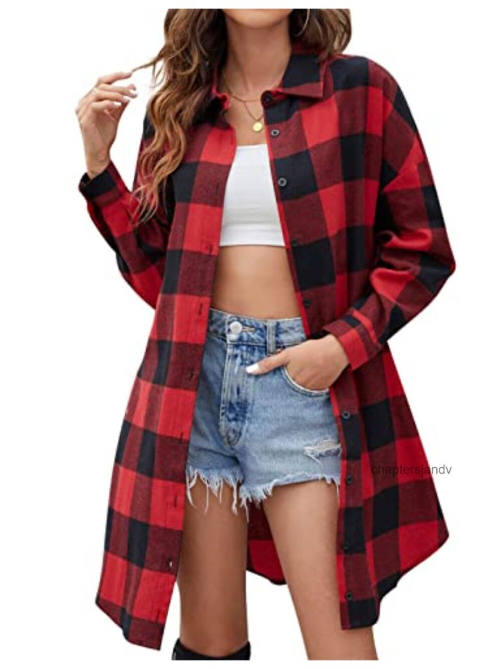 Oversized Mid Long Plaid Flannel Shirt Women Button Down Pockets